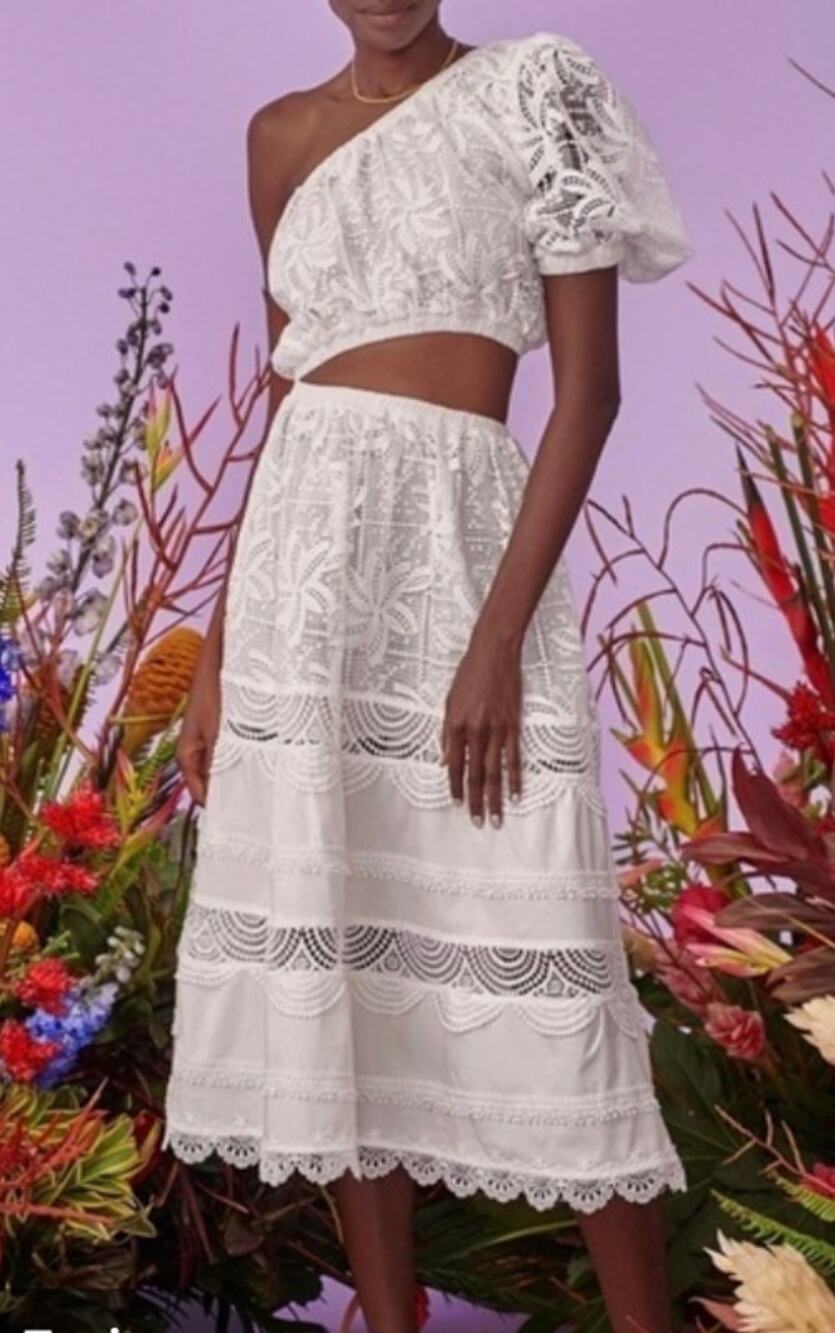 Waimari Dress Medium Jade One Shoulder Cutout Midi White Lace Boho Summer Resort